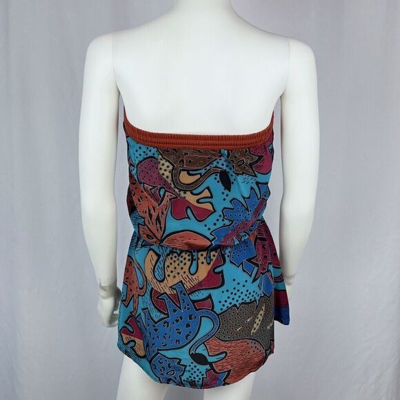 Super Lucky Cat Small Blue Abstract Print Recycled Strapless Mini Dress - Picture 5 of 8